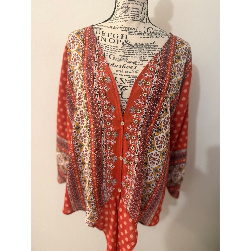 Red Multi-color Print boho Button-Front Blouse tunic the front XL
